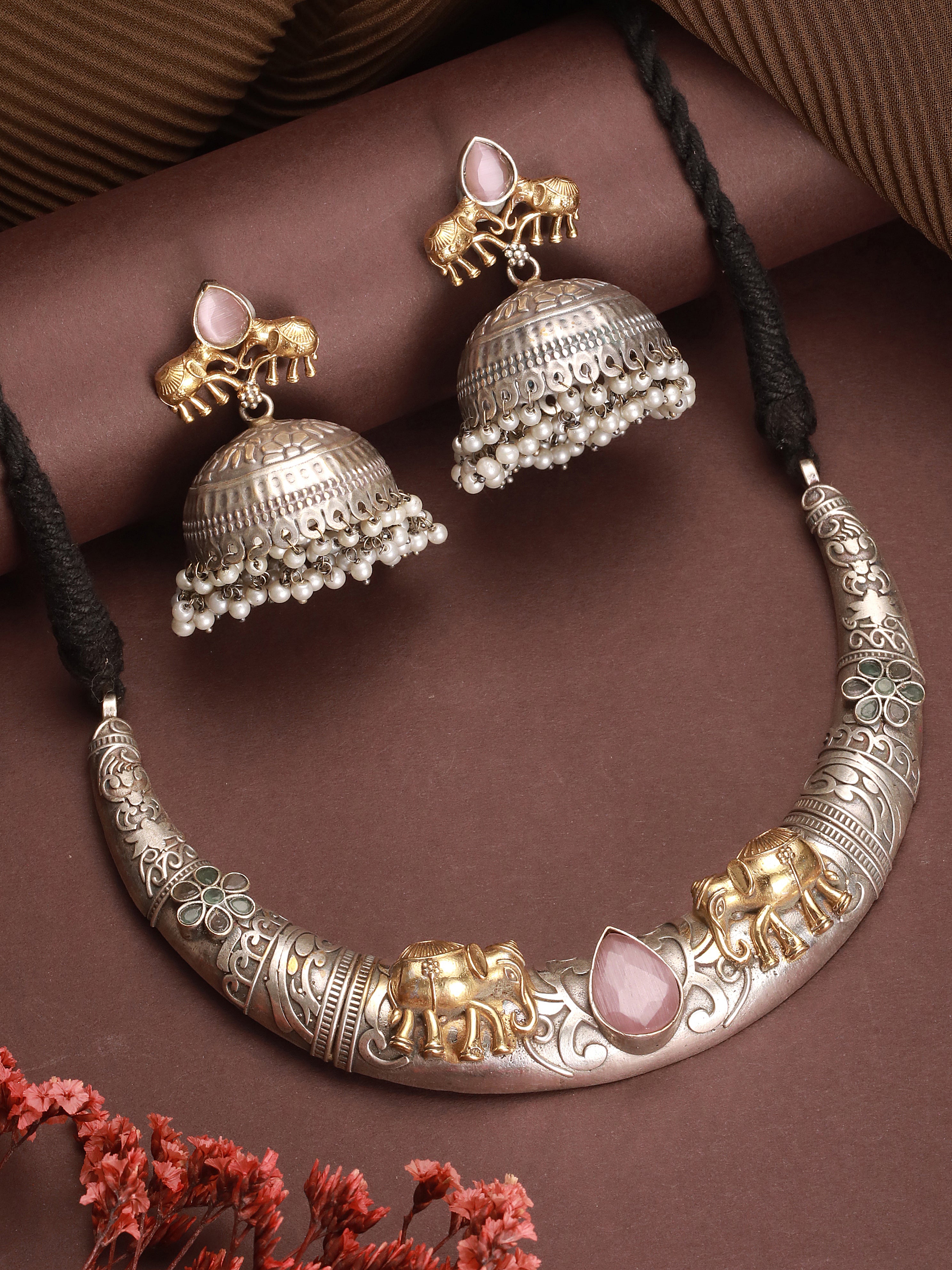 Oxidised Silver Plated Fusion Contemporary  Elephant Motif Statement Hasli With Jhumka Jewellery Set